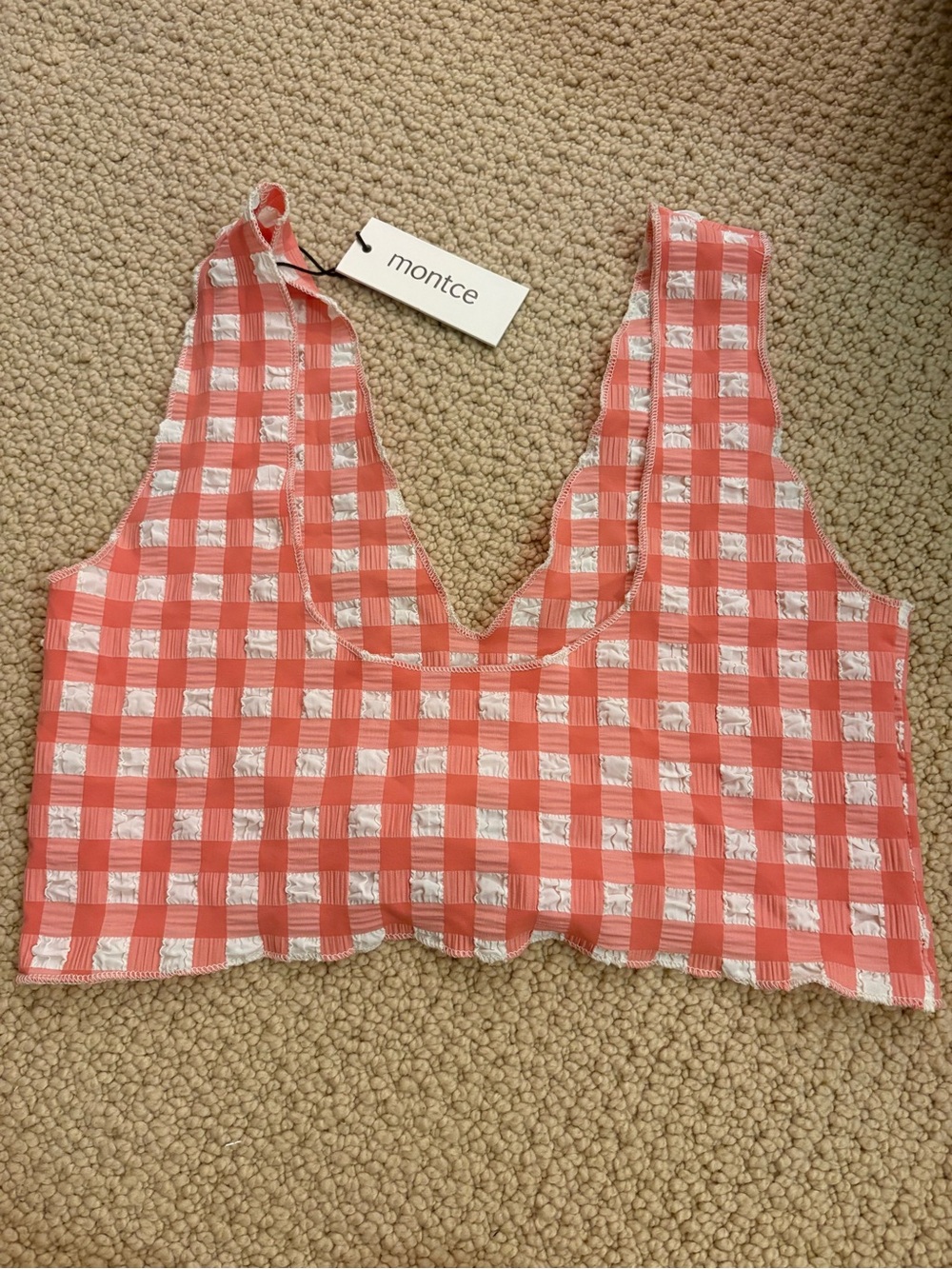 Revolve Montce Gingham Tie-Front Bikini Top - Coral & White - Picture 2 of 3